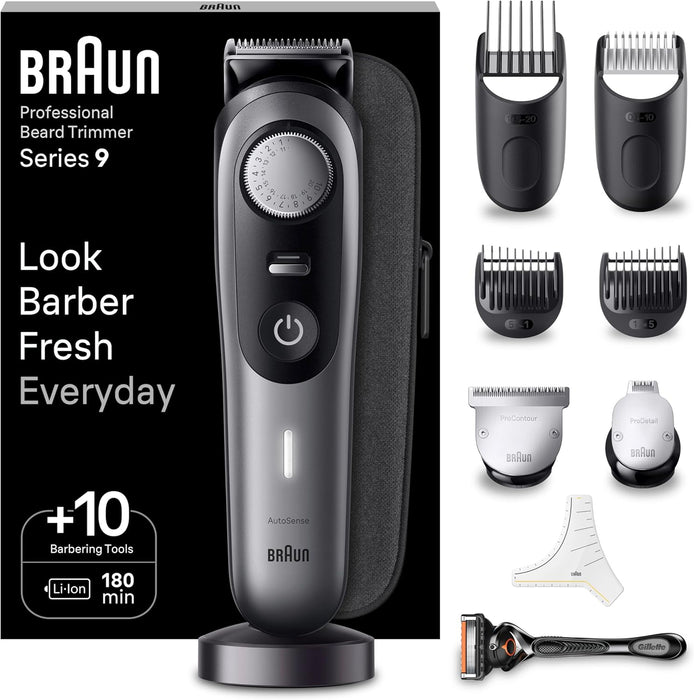 Braun Barttrimmer40 Einstellungen, Ladestation, Reiseetui, Bartschablone, 180 Min. kabellose Laufzeit, BT9420